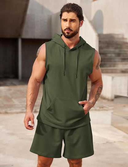 COOFANDY Mens Sleeveless Workout Hoodie Shorts Set 2 Piece Outfits Hooded Tank Tops Gym Tracksuit Sweatsuits