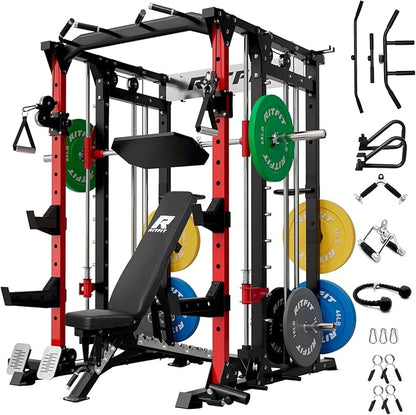 RitFit Buffalo Smith Machine, Power cage with LAT-Pull Down System & Cable Crossover System, All-in-One Squat Rack for Home Gym, Power Rack