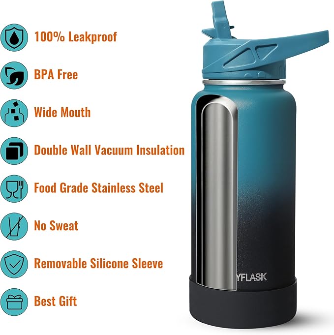 32oz Insulated Water Bottle with Straw, Stainless Steel Metal Vacuum Water Flask, Large Thermal Water bottle with Leakproof 3 Lids for Travel, Camping, Gym Sports Red