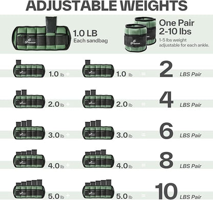 Sportneer Adjustable Ankle Weights Set - 1 Pair (2-10 lbs) Removable Sandbags for Women & Men, Comfortable Neoprene Leg Weights for Walking, Running, Pilates, Yoga, Home Workout & Physical Therapy