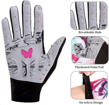 DuShow Bike Gloves for Women Cycling,Pink Floral Workout Gloves Women,Full Finger Biking Driving Riding Gloves for Women,Gel Padded Touch Screen Gym Gloves