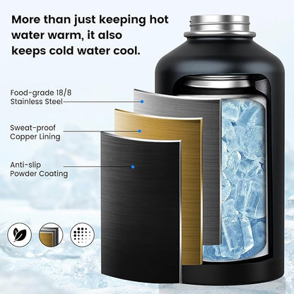 Insulated Water Bottle 128 oz, Triple Wall Vacuum Stainless Steel(Cold for 48 Hrs),Leak Proof & BPA-Free,Half Gallon Water Bottle with Reflective Paracord & Flip Straw for Sports & Travel, Black