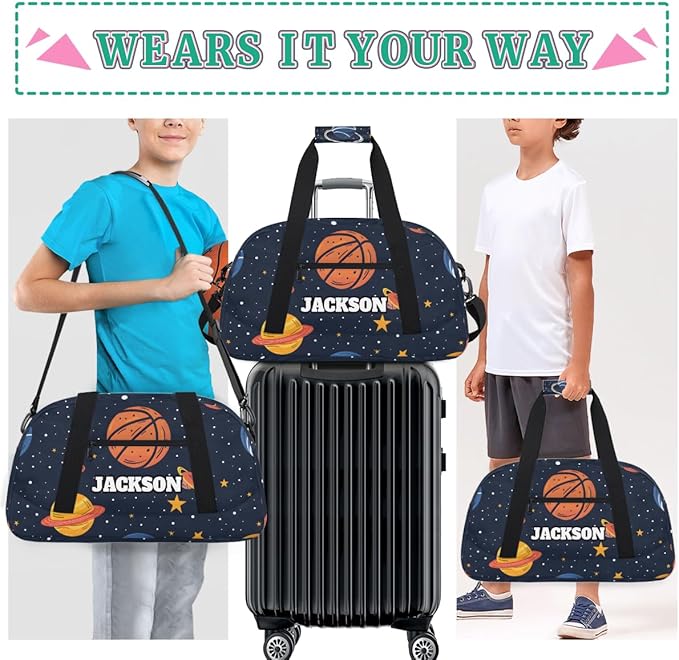 Personalized Basketball Gym Duffel Bags for Kids Boys with Custom Name Sport Training Travel Bags for Overnight Weekender, Space Star