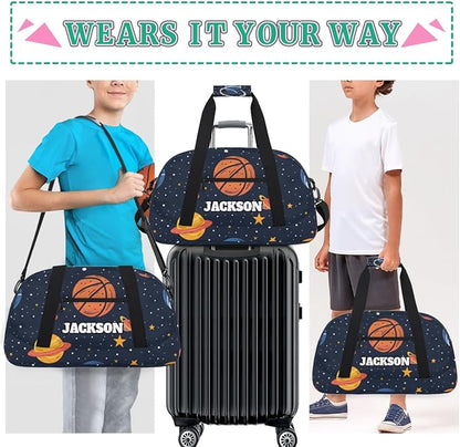 Personalized Basketball Gym Duffel Bags for Kids Boys with Custom Name Sport Training Travel Bags for Overnight Weekender, Space Star