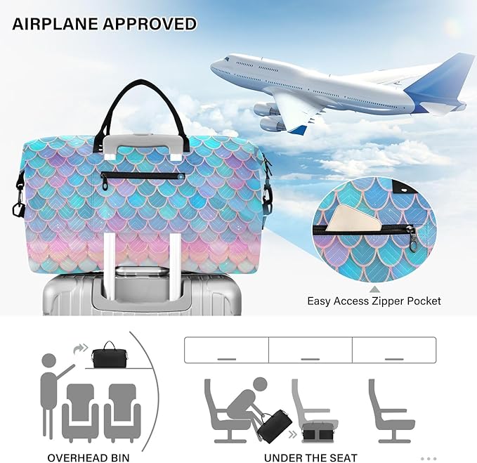 Weekender Bags Travel Duffel Gym Bag Carry on Overnight Tote Bag with Toiletry Bag for Airplane Travel Trip Gym Yoga (Fish Scales Mermaid)