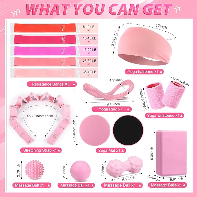 24 Pcs Home Pilates Essentials Kit for Women, Pilates Equipment Ring and Ball Set with Stretching Strap, Water Bottle, Magic Circle, Yoga Ring, Gym Bag, Resistance Band, Anti Slip Socks
