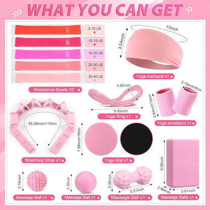 24 Pcs Home Pilates Essentials Kit for Women, Pilates Equipment Ring and Ball Set with Stretching Strap, Water Bottle, Magic Circle, Yoga Ring, Gym Bag, Resistance Band, Anti Slip Socks