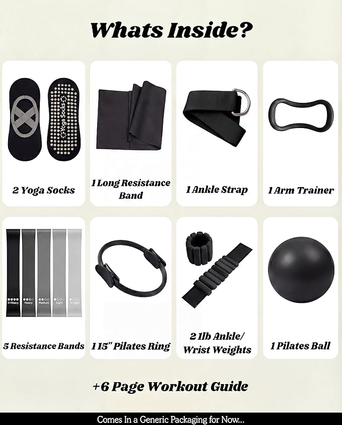 Pilates Equipment Kit for Home Workout, Pilates Kit, Pilates Ring Set, Pilates Ball, Adjustable Ankle And Wrist Weights, Resistance Bands, Grip Socks, Instruction Guides, Essential Starter Set, Black