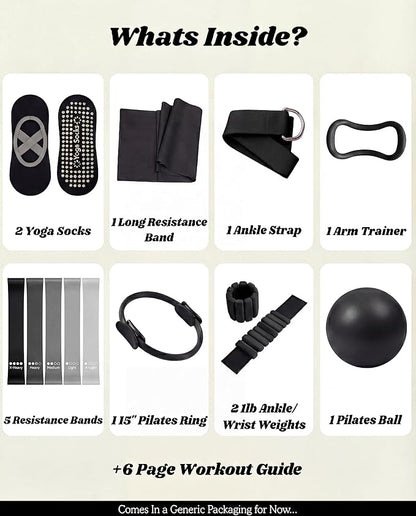 Pilates Equipment Kit for Home Workout, Pilates Kit, Pilates Ring Set, Pilates Ball, Adjustable Ankle And Wrist Weights, Resistance Bands, Grip Socks, Instruction Guides, Essential Starter Set, Black