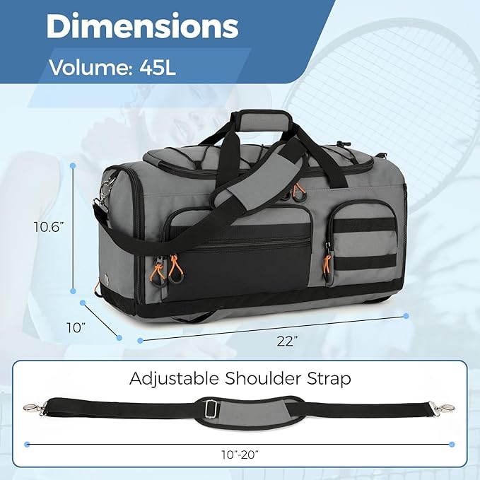 Searock 45L Gym Bag for Men, 3-In-1 Duffle Bag Backpack for Travel, Sports Duffel Bags for Gym Workout, Weekender Overnight Bag with Shoe Compartment, Wet Pocket, Dark Gray
