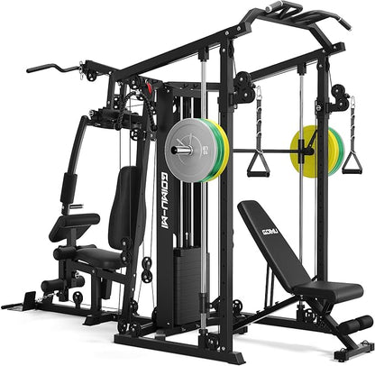 DM01 Dual-Station Smith Machine Home Gym, 140LB Weight Stack with LAT Pull-Down & Leg Press, All-in-One Workout Station for Couples & Family Strength Training