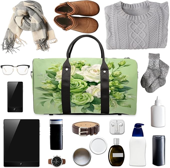 Travel Duffel Bag Flower Floral Green Sport Tote Gym Bag Waterproof Foldable Carryon Weekend Overnight Training Handbag Sports Duffle Bags for Women Men Boys Girls