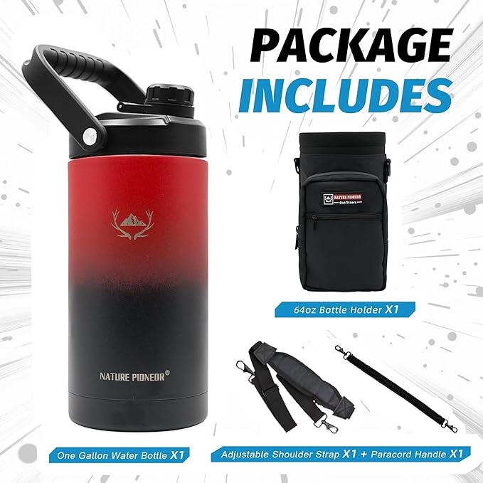 NATURE PIONEOR 64 oz Insulated Water Bottle - Double Vacuum Stainless Steel Half Gallon Water Jug with Holder/Carrier, Wide Mouth, Outdoor Sports, Hiking, Camping, Gym