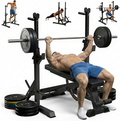 Adjustable Bench Press Rack Stand, 700lbs Heavy Duty Barbell Rack with Dip Station and Push Up Handles, Width Adjustable for 6ft 7ft 8ft Bars - Home Gym Strength Training Infrastructure