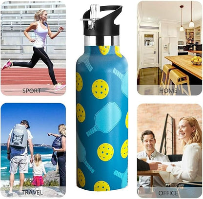 Pickleball Sport Water Bottle with Straw, Vacuum Insulated Stainless Steel Thermal Drinking Travel Mug Cups For Gym Fitness Camping-20oz/600ml