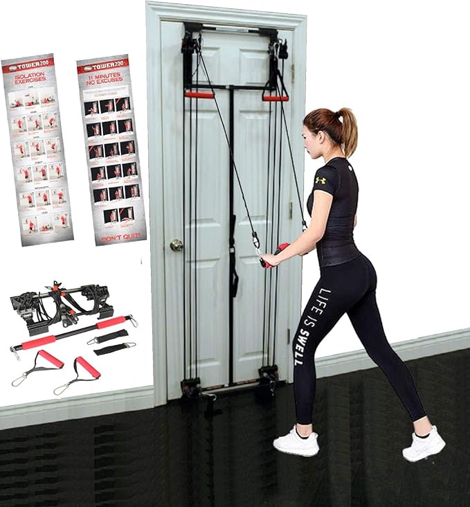 Home Gym Complete Body Exercise Workout Resistance Bands Door Gym w 2X Handles, 2X Ankle Straps and Straight Bar Included