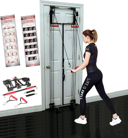Home Gym Complete Body Exercise Workout Resistance Bands Door Gym w 2X Handles, 2X Ankle Straps and Straight Bar Included