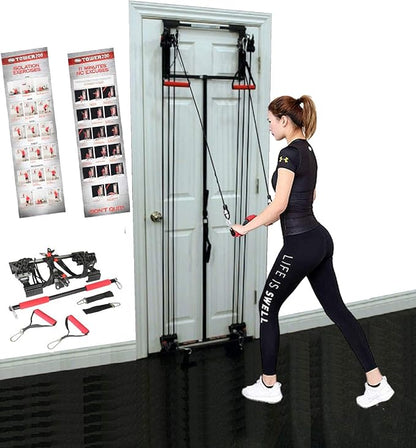 Complete Door Gym Full Body Workout | Home Gym Fitness Exercise System Total Body Strength Training | Includes Heavy Duty Resistance Bands, Straight Bar, 2x Hand Grips, 2x Ankles Straps, DVD