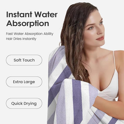 JML Microfiber Bath Towels, Bath Towel 2 Pack 30" x 60", Oversized, Soft, Super Absorbent and Fast Drying, Multipurpose Bathroom Towel Set for Sport, Fitness, Yoga, Coral Fleece Stripe Purple