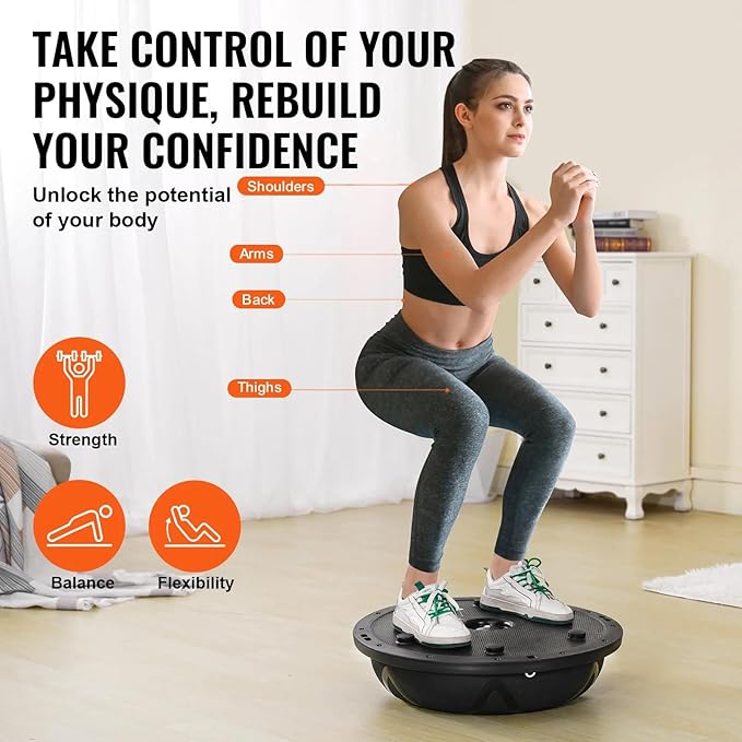Half Exercise Ball Trainer 23 inch Balance Ball Trainer 1500lbs Capacity Stability Ball with Resistance Bands & Foot Pump, Strength Fitness Ball for Home Gym Full Body Workout