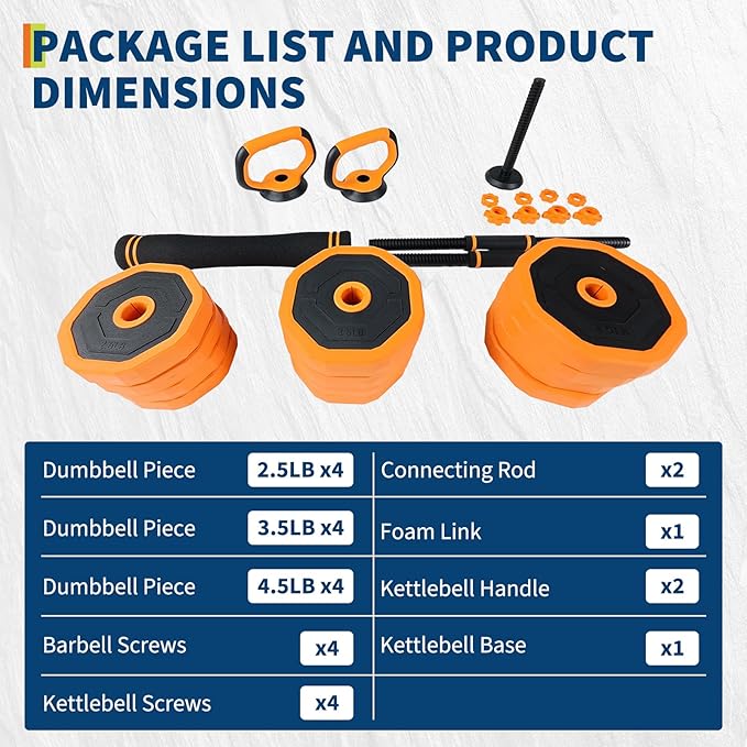 Adjustable Dumbbell Set, 44/66/88 LBS 4-In-1 Home Gym Weights with Connector As Dumbbell, Kettlebell,Barbell for Strength Training, Full Body Workout