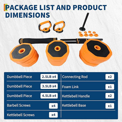 Adjustable Dumbbell Set, 44/66/88 LBS 4-In-1 Home Gym Weights with Connector As Dumbbell, Kettlebell,Barbell for Strength Training, Full Body Workout