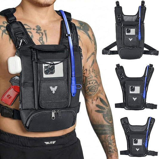Elite Hydra Running Chest Pack w/ Gun Holster, Phone Holder Touch Friendly, Camera Pocket for Men/Women Lightweight Hydration Vest Chest Rig w/ Water Bladder for Marathon, Cycling, ADV Camping, Skiing