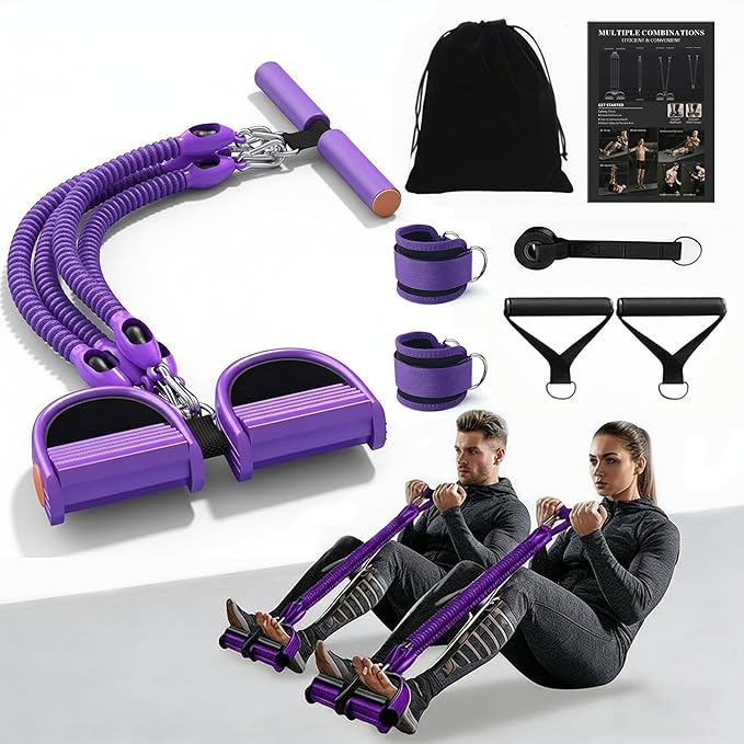 2026 Upgrade Multifunction Foot Pedal Resistance Band with Handle, Adjustable 4-Tube Ankle Puller for Full Body Exercise, Core & Leg Training – Men & Women