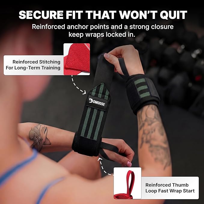 DMoose Fitness Wrist Wraps for Weightlifting 18" - Heavy Duty Gym Wrap with Hand Thumb Loop for Support & Pain Relief, USPA Approved Powerlifting, Weight Lifting Wrist Straps for Men & Women Work Out