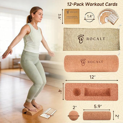 Rocalt Cork Balance Board, Premium Cork 4-in-1 Foot & Ankle Strengthener Kit, Balance Trainer with Massage Roller & Ball, Toe Resistance Bands, Storage Bag & Exercise Guide for Enhance Mobility, Improve Foot Function, Prevent Falls