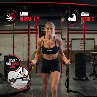 4KOR Deluxe Shoulder and Full Body Cross Anchored Resistance Cord System with Interchangeable Handles, Foot Straps, and Workout Guide. Exercise Bands with Nylon Sleeves, Anchors, and Carry Bag