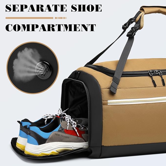 Gym Bags for Men with Shoes Compartment & Wet Pocket 4 Way Large Sports Duffle Bag Backpack Weekender Overnight Bag for Travel, Fitness, Workout, Training, Birthday Gift for Men, Brown