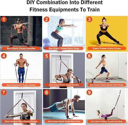 DASKING Portable Home Gym Resistance Band Set With8 Anti-Break Bands, Detachable 500LBS Pilates Bar, Full Body Workout Equipment w/Ankle Straps & Door Anchor