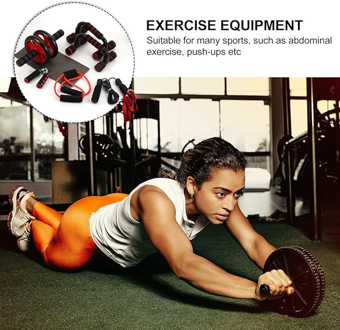 Abdominal Roller Wheel 7pcs Set with Double Red Wheels, Core Strength Training Exercise Roller for Men and Women, Home Fitness Equipment for Ab Workouts and Muscle Toning