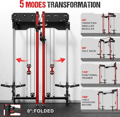 WM3-V4 Folding Squat Rack, Wall Mounted Power Rack with Dual Independent Pulley System, Functional Trainer with 5 Adjustable Function Modes for Space Saving