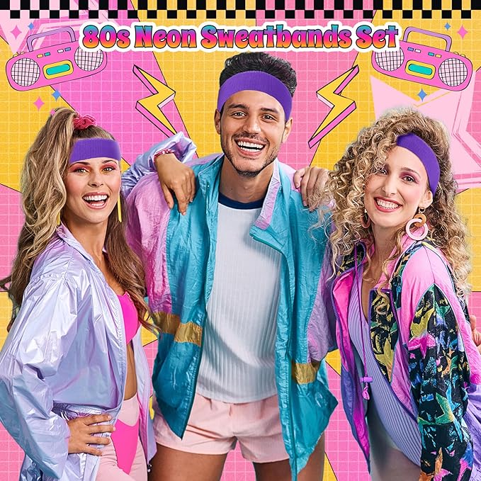 3 Pack Neon Sweatbands Set 80s Wristband and Headband Color War Accessories Sports Sweatbands for Summer Ball Party
