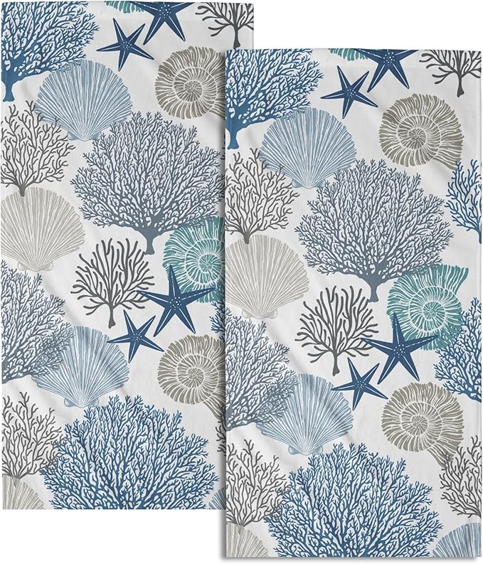 Tropical Coral Hand Towels for Bathroom 2 Packs 14"x28" Sea Ocean Starfish Nautical Tea Dish Towels for Kitchen Soft Absorbent Beach Decorative Washcloths for Home Bath Face Fingertip Spa