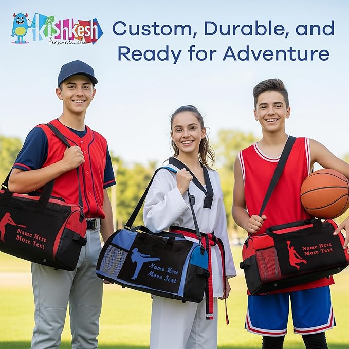KishKesh Personalized Sport Duffel Bag – Ideal for Martial Arts, Gym, Travel, Training & Workout Essential for Male – Durable, Customizable Name & Text for Kids and Adults – Blue, 18" X 10" X 8"