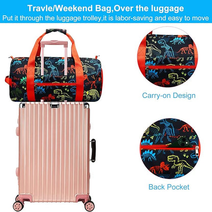 Gym Travel Duffle Bag for Boys - Sports Dance Bag with Shoe Compartment & Wet Pocket Binosaur Kids Travel Bag Teens Weekender Sleepover Carry On Bag