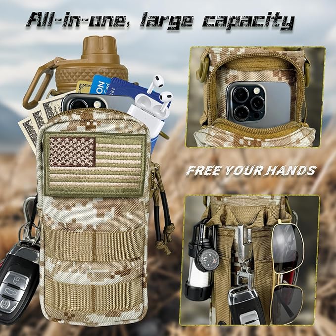 32 oz Insulated Water Bottle - Tactical Stainless Steel Water Bottle with Sleeve, Wide Mouth Gym Water Bottles for Men Sports Workout Hiking with Pouch Desert Camo