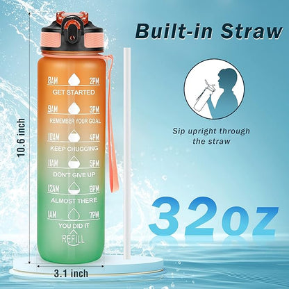 Motivational Water Bottle with Time Marker - 32oz, Leak-proof BPA Free Sports Water Bottles with Straw & Carrying Strap