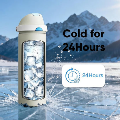 Insulated Water Bottle with Straw - Encool Stainless Steel Water Bottle with Push Button Lid, Leak-Proof & BPA-Free, Keeps Cold for 24 Hours for Sports, Travel, Gym (24 oz, Kangaroo Grey)