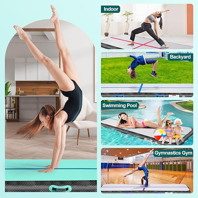 Inflatable Gymnastics Mat 10ft/13ft/16ft/20ft/ Air Tumbling Track Mats 4/8 inches Thick for Home Use/Training/Cheerleading/Yoga/Water with Pump