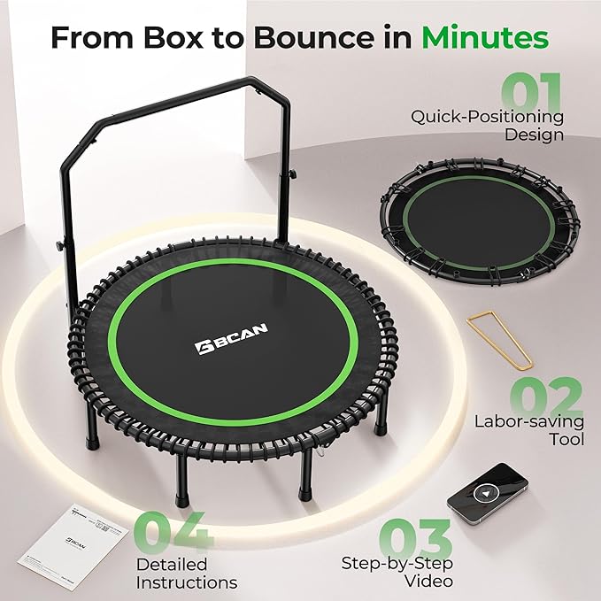 BCAN BT2 450/550LBS Mini Rebounder Trampoline for Adults with Bar, Fitness Trampoline with Bungees, Adjustable Handle, Stable & Quiet, Indoor Outdoor, Whole-Body Workout & Relaxation at Home-40IN/48IN
