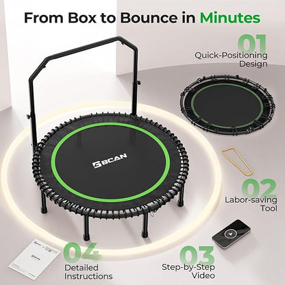BCAN BT2 450/550LBS Mini Rebounder Trampoline for Adults with Bar, Fitness Trampoline with Bungees, Adjustable Handle, Stable & Quiet, Indoor Outdoor, Whole-Body Workout & Relaxation at Home-40IN/48IN