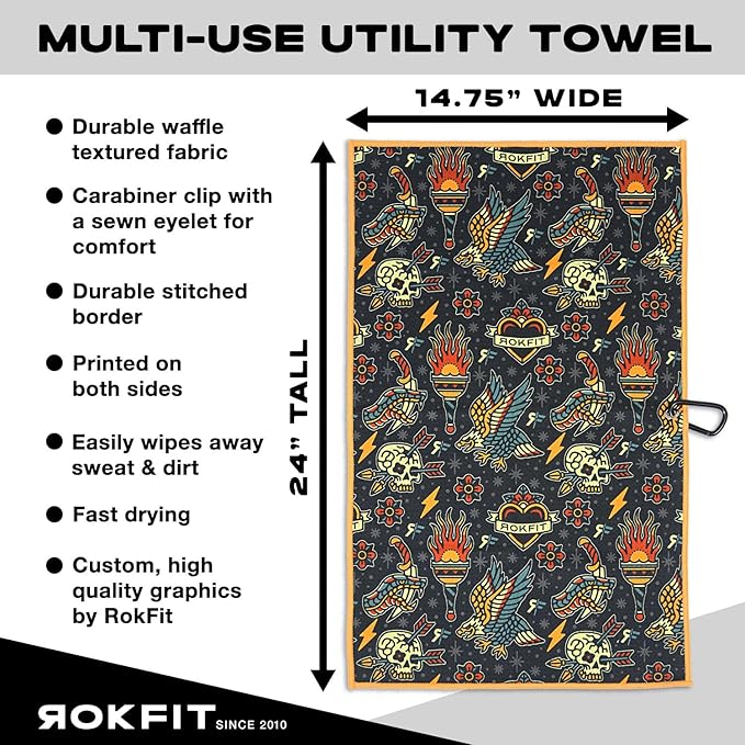 RokFit Gym & Golf Towel – Multi-Use, Quick-Dry, Durable Utility Towel with Bold Graphic and Carabiner Clip (Tattoo Flash Pattern)