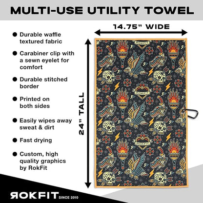 RokFit Gym & Golf Towel – Multi-Use, Quick-Dry, Durable Utility Towel with Bold Graphic and Carabiner Clip (Tattoo Flash Pattern)