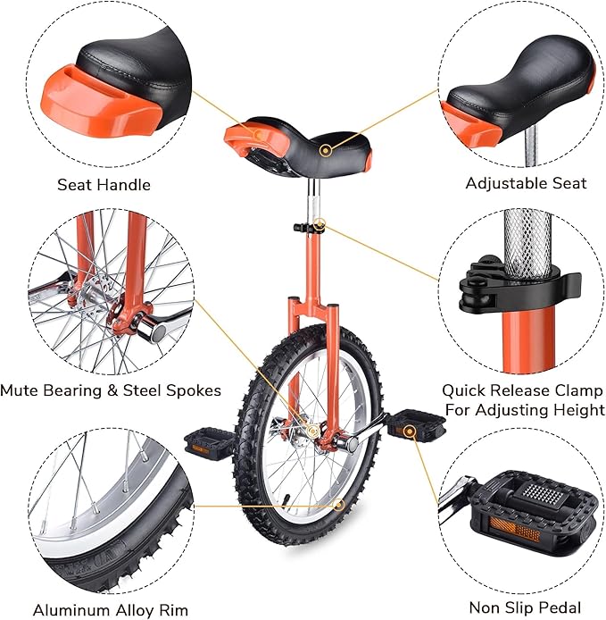 AW 16/18/20/24 Inch Wheel Outdoor Unicycle Adjustable Seat Exercise Bicycle Fit Adults Kids Outdoor Sports Fitness Exercise, for Choice