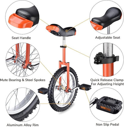 AW 16/18/20/24 Inch Wheel Outdoor Unicycle Adjustable Seat Exercise Bicycle Fit Adults Kids Outdoor Sports Fitness Exercise, for Choice