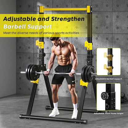 DlandHome Foldable Power Tower Pull Up Bar Dip Station, Adjustable Height Multifunction Workout Pull Up Tower Station for Home Gym, Strength Training Equipment, Triangular Legs, Up to 330lbs
